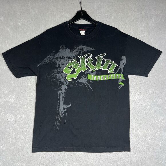VTG Skin Industries Shirt Men’s Large Black Y2K Gothic BaGrunge AOP Double-Sided - Picture 1 of 10